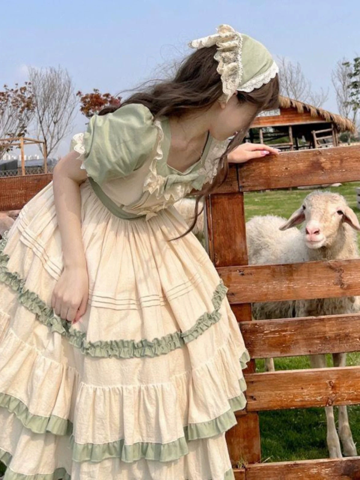 Sage Blossom Lolita Dress - Cottagecore Ruffled OP with Pastel Green Accents