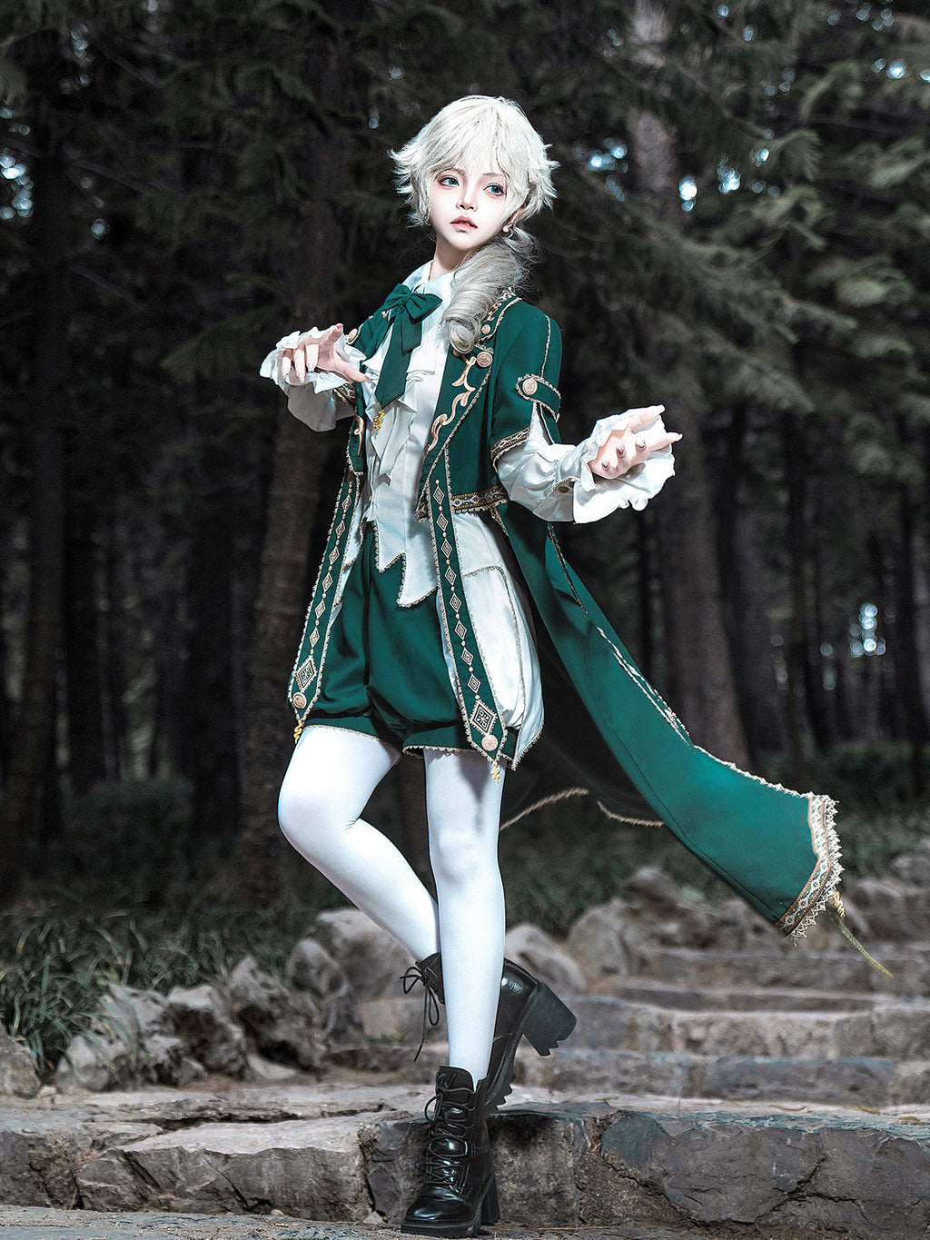 Elegant Dark Green Lolita Prince Set with Gold Embroidery - Versatile Themed Outfit