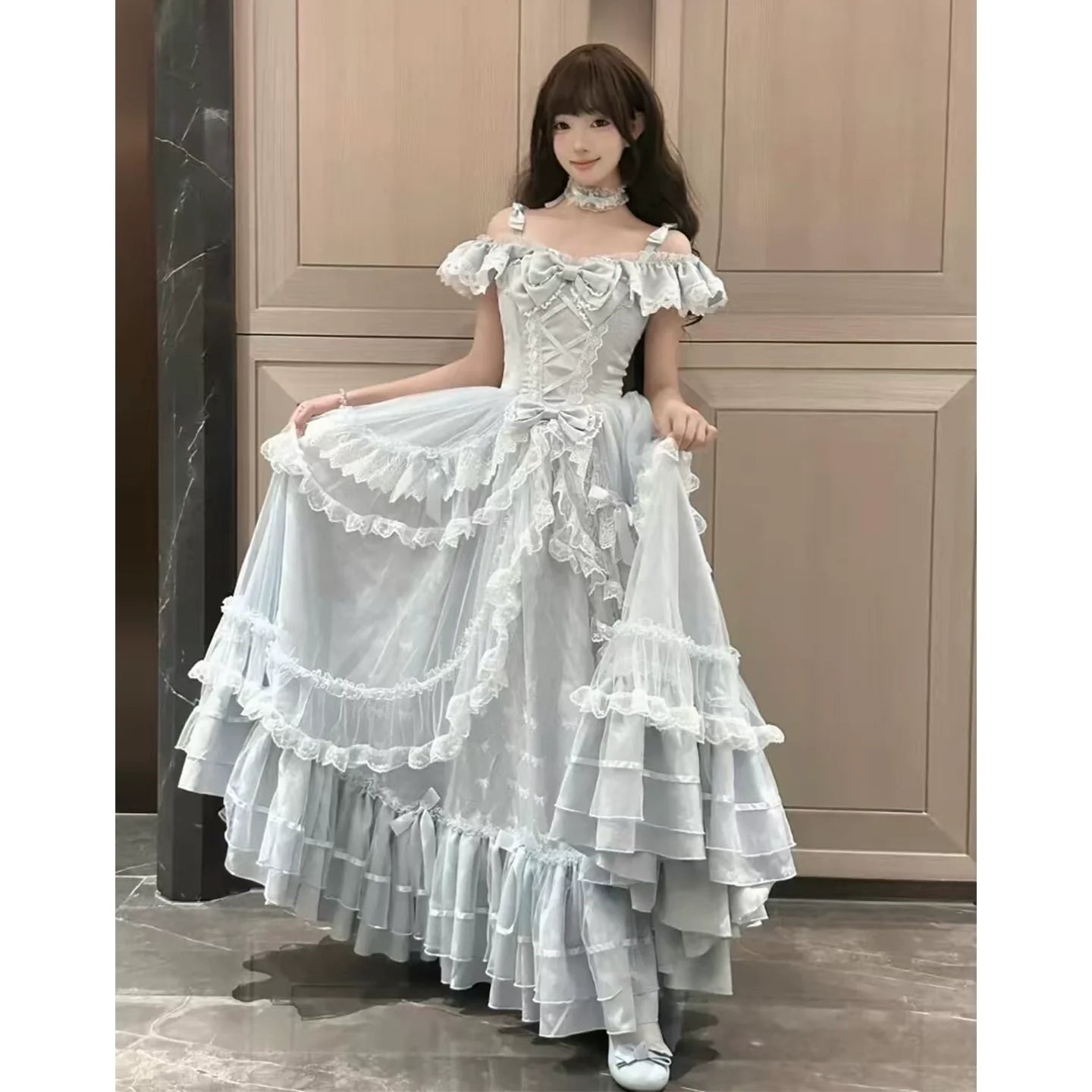 Off - the - shoulder Lolita Gown with Intricate Lace and Multiple Tiers of Ruffles