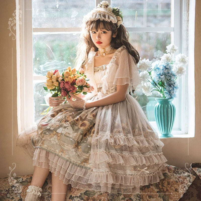 Vintage Floral Lolita Dress with Tulle Layers, Off - the - Shoulder Sleeves & Delicate Headpiece