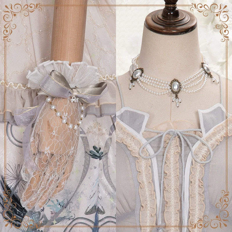 Ethereal Cream Floral Lolita Dress with Puffed Sleeves and Multi-Tiered Skirt