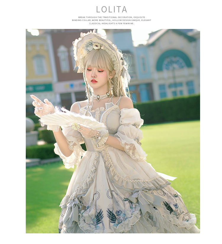 Ethereal Cream Floral Lolita Dress with Puffed Sleeves and Multi-Tiered Skirt