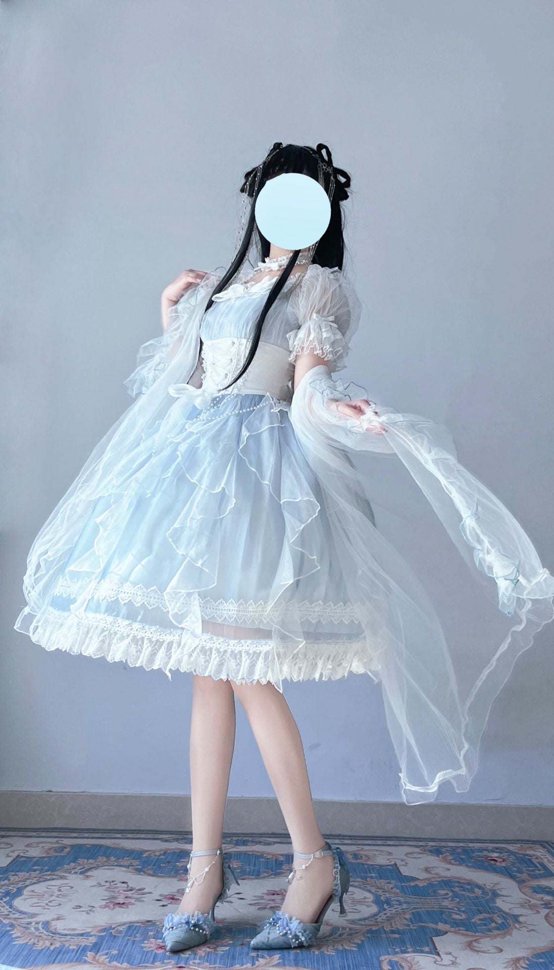 Ethereal Pastel Blue Lolita OP with Delicate Lace Accents and Adjustable Waist Ties