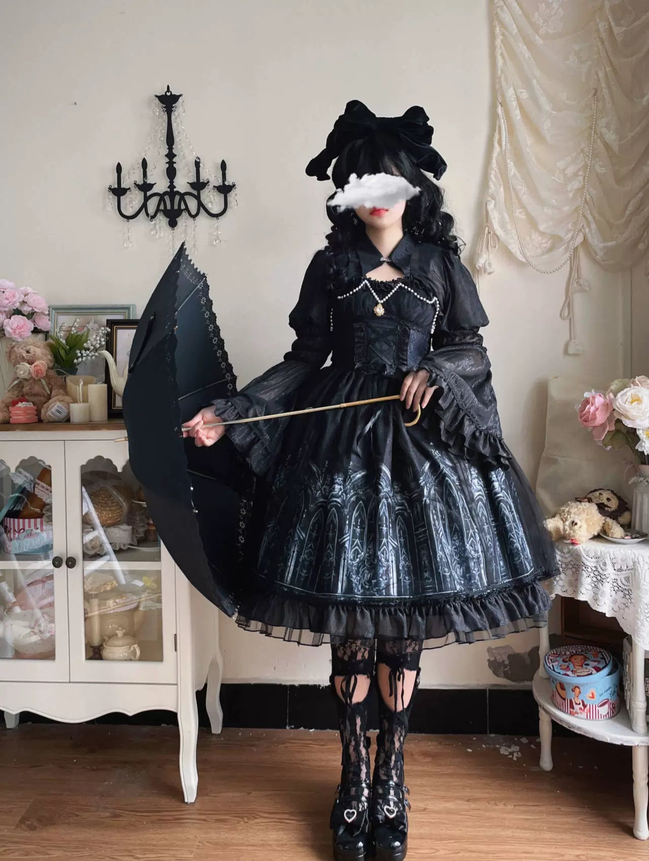 [Silent Night Church] Dark Gothic Elegance Lolita Dress with Lace and Pearl Accents