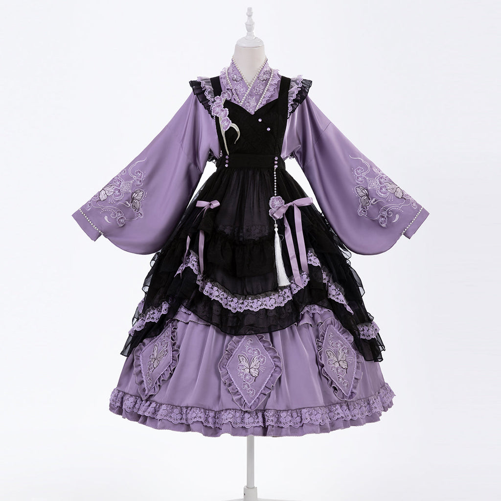 Elegant Purple and Black Lolita Dress with Detachable Apron and Intricate Lace Details