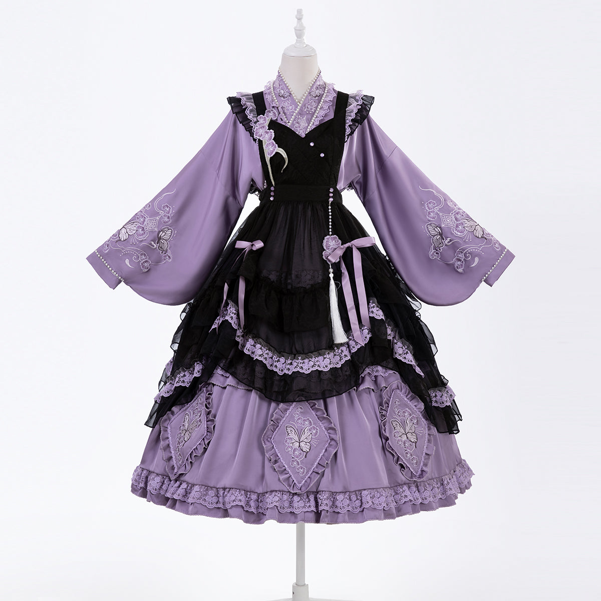 Elegant Purple and Black Lolita Dress with Detachable Apron and Intricate Lace Details