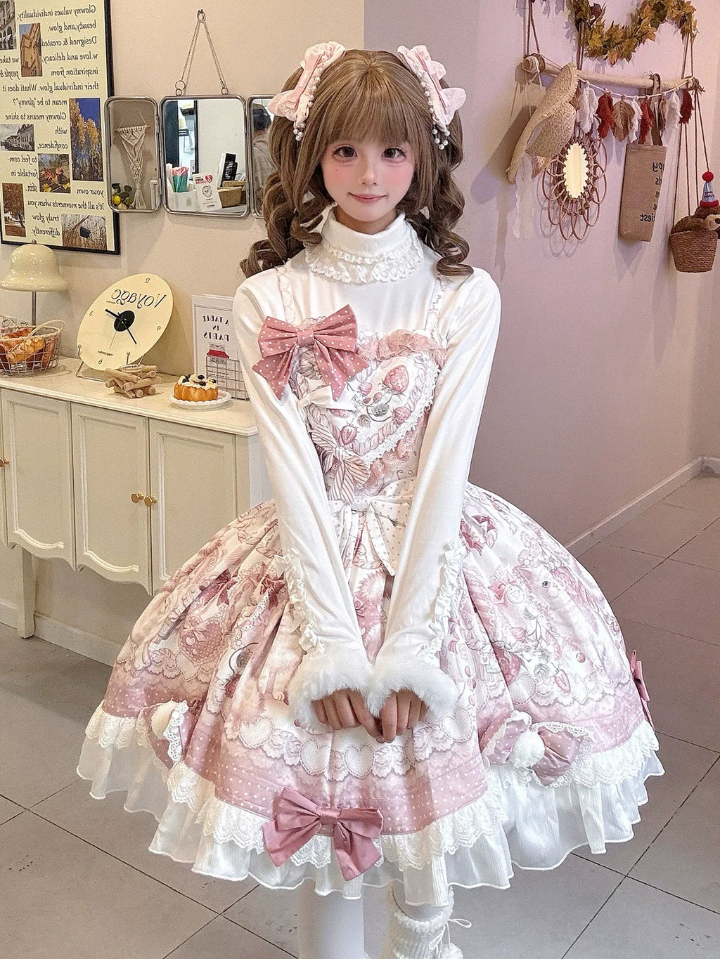 Lolita Capelette Dress Set with Bow - detail and Lace Trim, Pastel Pink and White Color Scheme