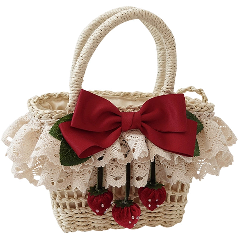 Lolita Strawberry Flower Handcrafted Bag Spring Outing Woven Basket