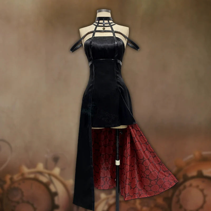 Gothic Contrast Lolita Shorts – High-Waisted Vinyl Cutout Ensemble with Crimson Satin Train & Cosplay-Ready Details