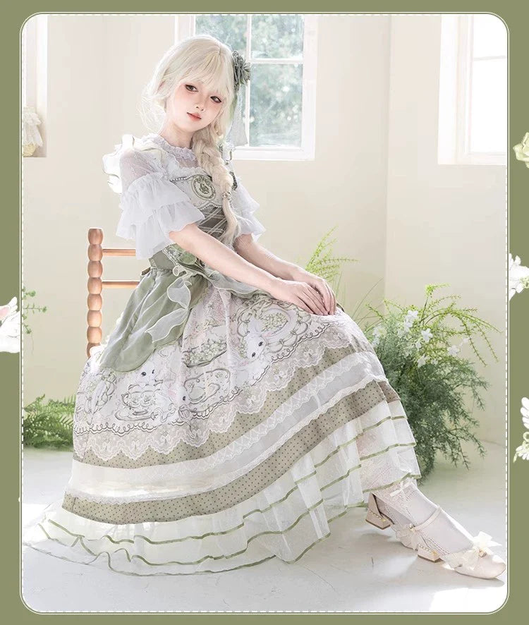 Sweet Lolita Dress - Light Green Layered Tulle Skirt with Lace & Embroidery