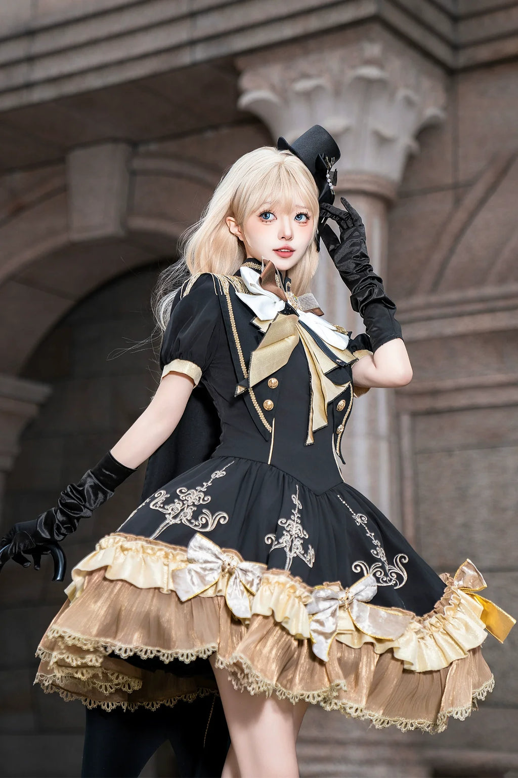 Steampunk - inspired Lolita Dress with Georgette Skirt, Elegant Bow - ties and Intricate Embroidery