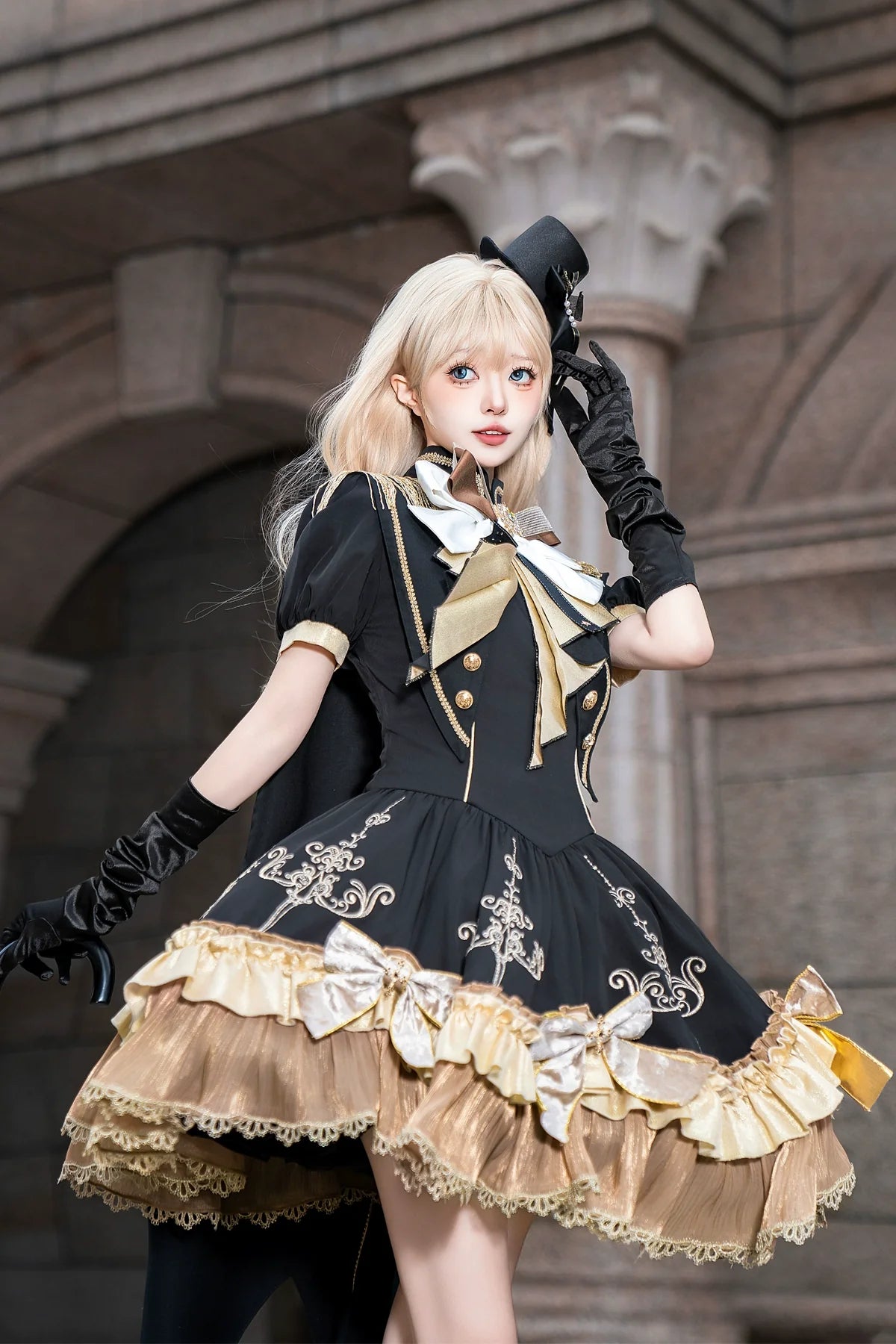 Steampunk - inspired Lolita Dress with Georgette Skirt, Elegant Bow - ties and Intricate Embroidery