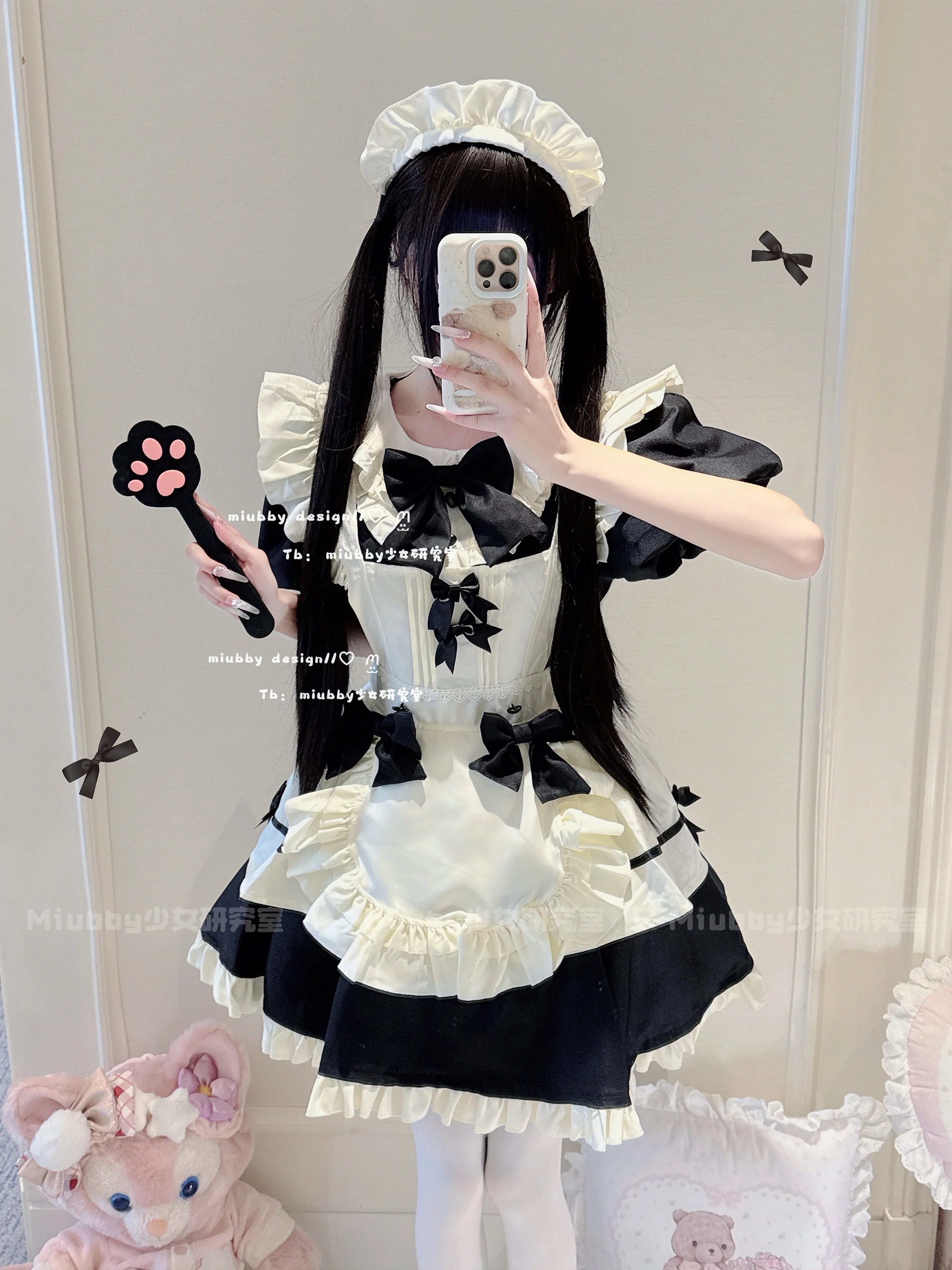 Elegant Black and White Lolita Maid Dress with Ruffled Skirt and Delicate Bows