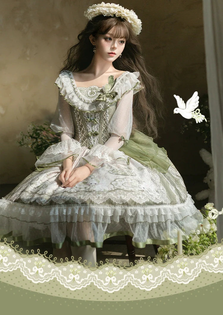 Sweet Lolita Dress - Light Green Layered Tulle Skirt with Lace & Embroidery