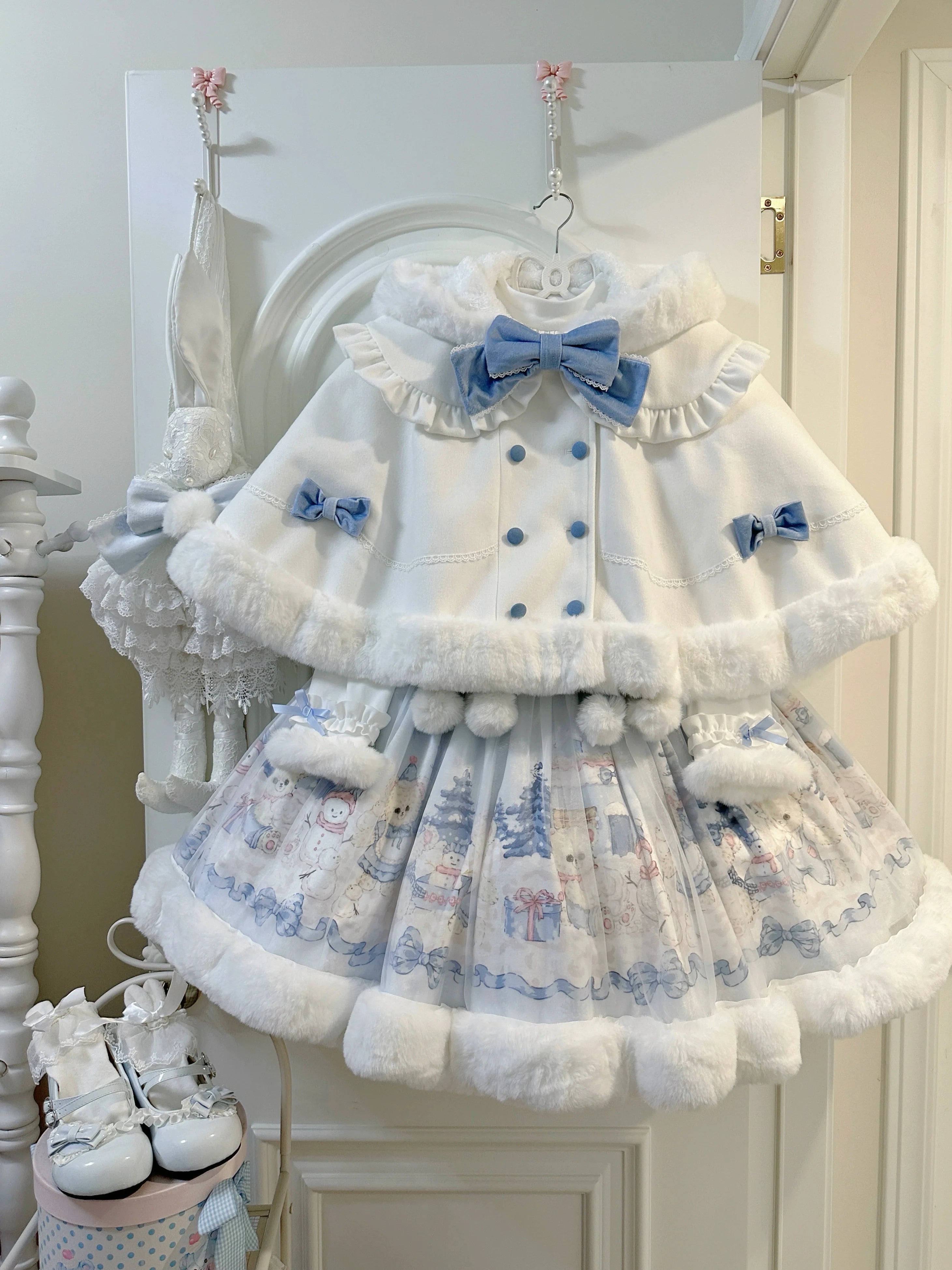Lolita Dress with Adorable Bear Prints, Blue - toned Ribbons and Fluffy Trim, Comes with Matching Headpiece