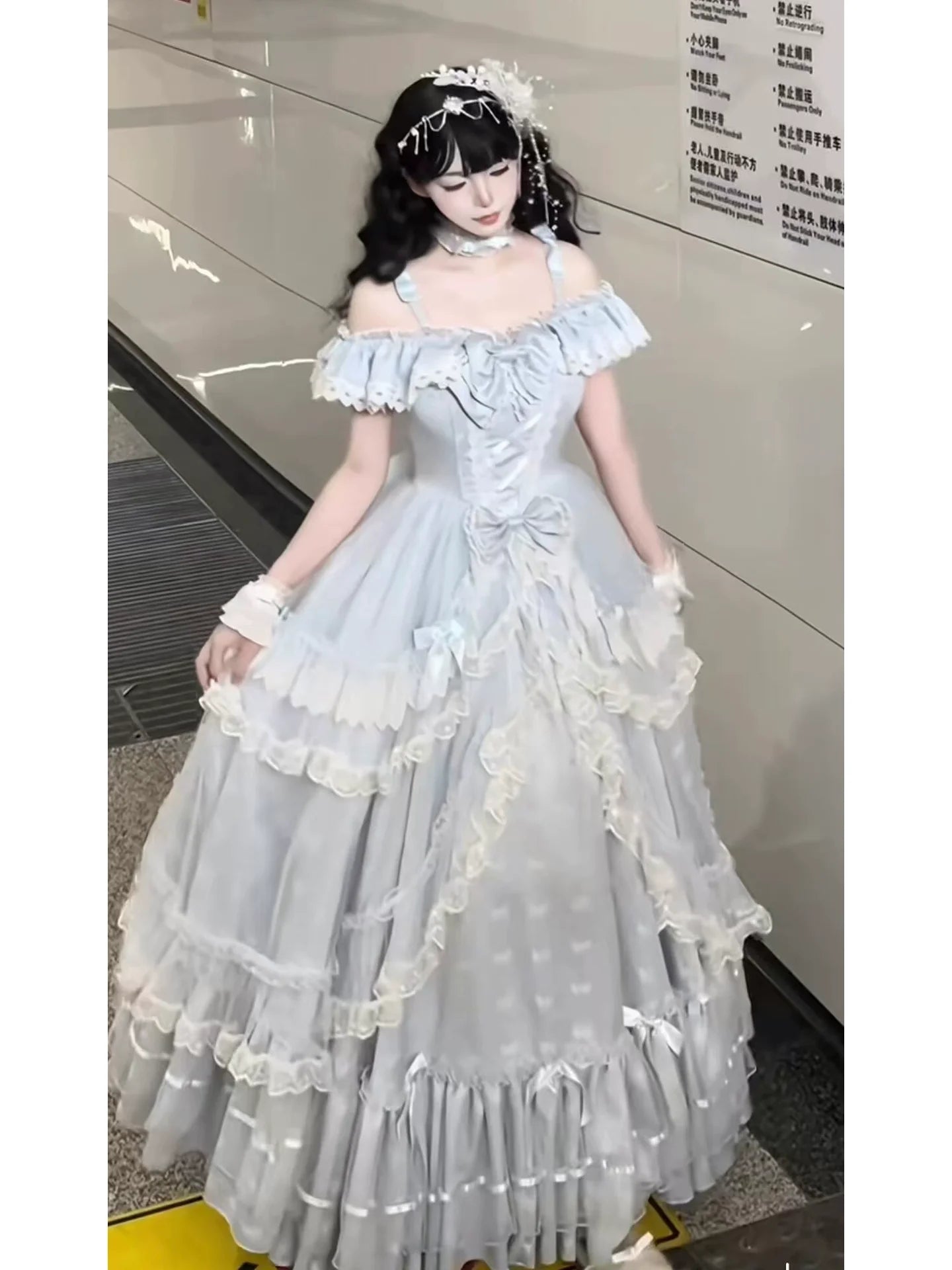 Elegant Light - Blue Off - the - Shoulder Lolita Dress: Ruffled and Bow - adorned