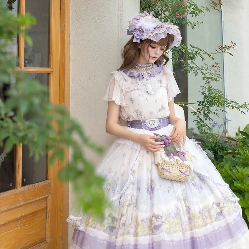 Lolita Dress - Delicate Purple - hued with Floral Patterns, Short - sleeved and Floor - length