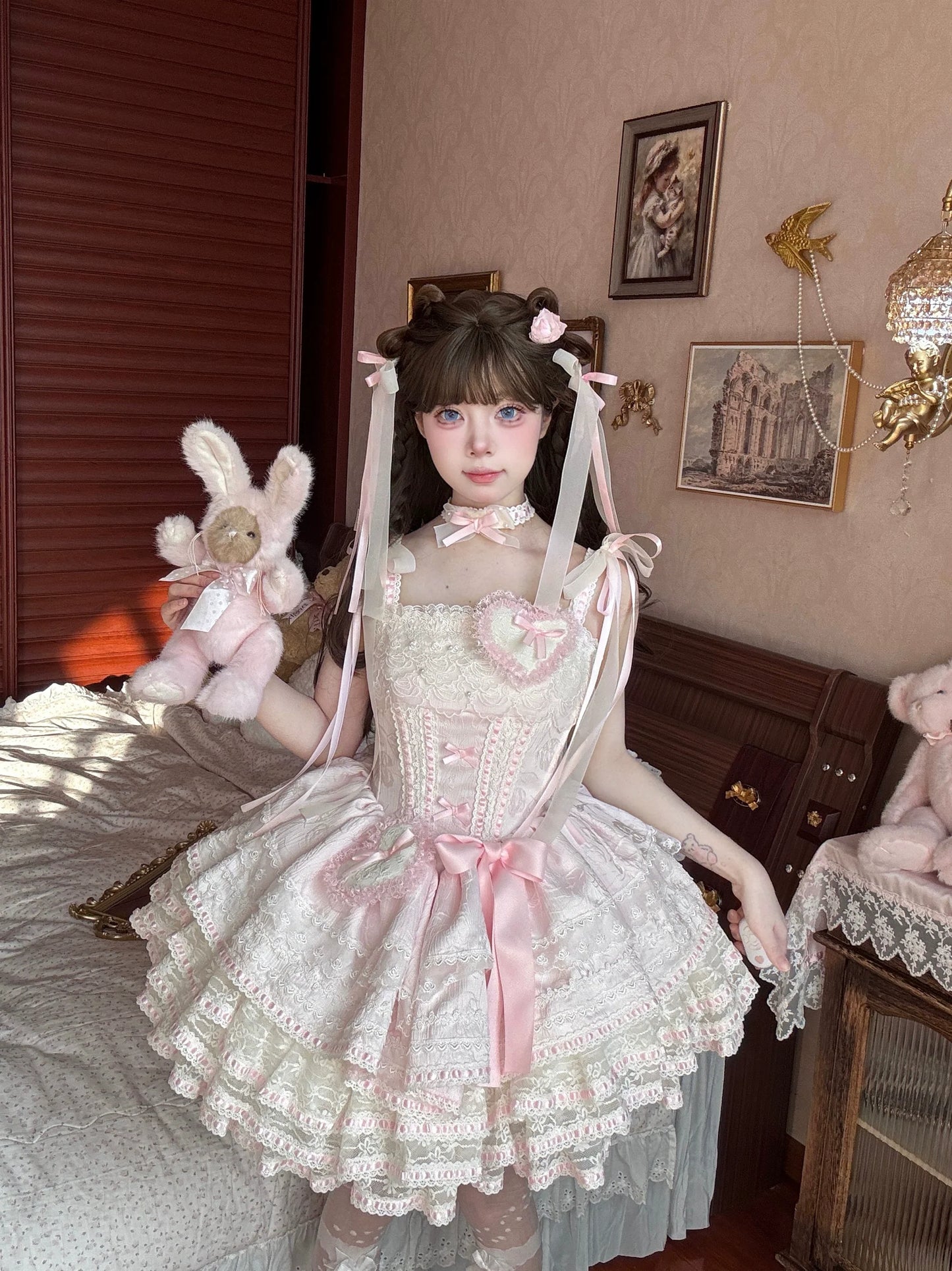 Whimsical Pastel Lolita Dress with Embroidered Animal Motifs and Ruffled Skirt
