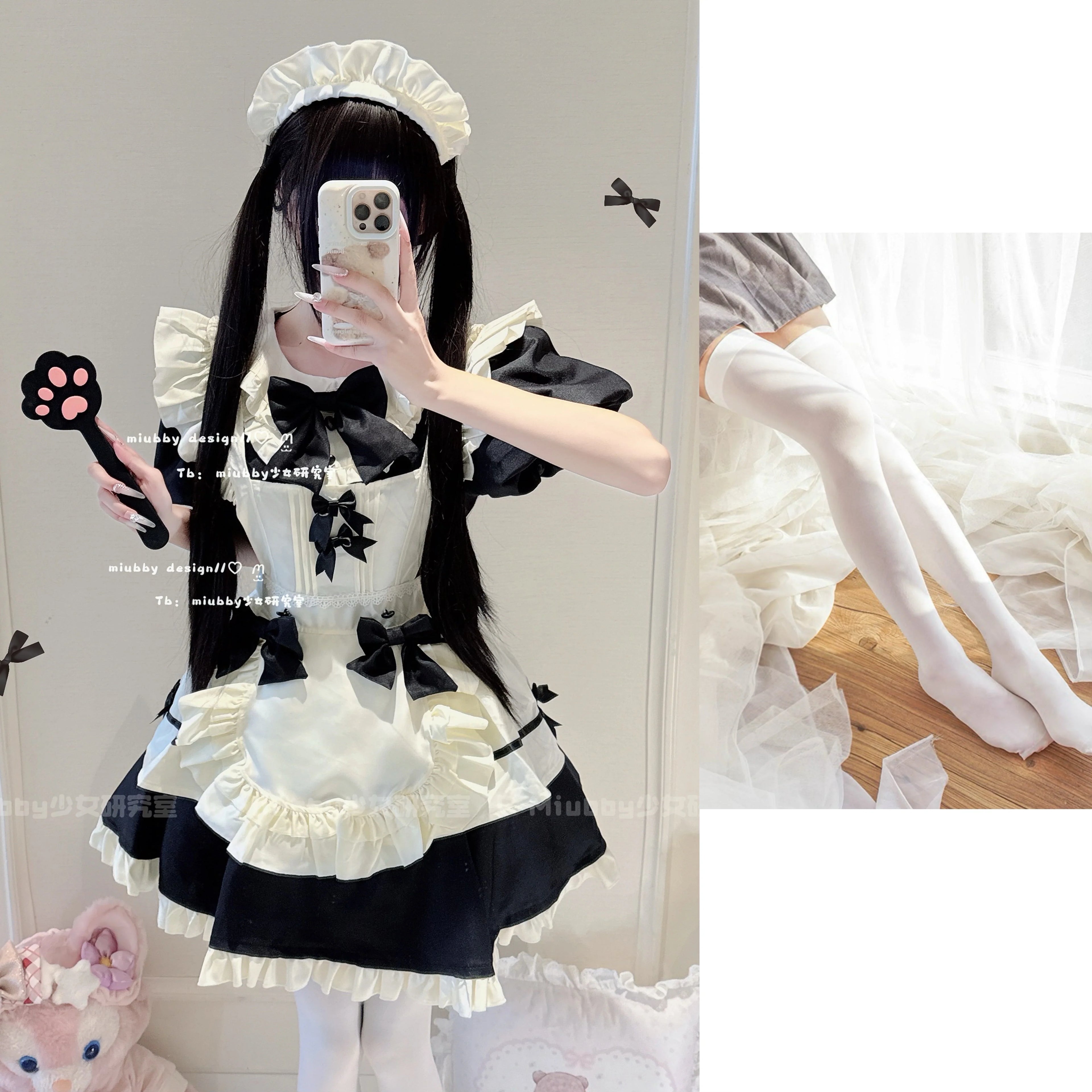 Elegant Black and White Lolita Maid Dress with Ruffled Skirt and Delicate Bows