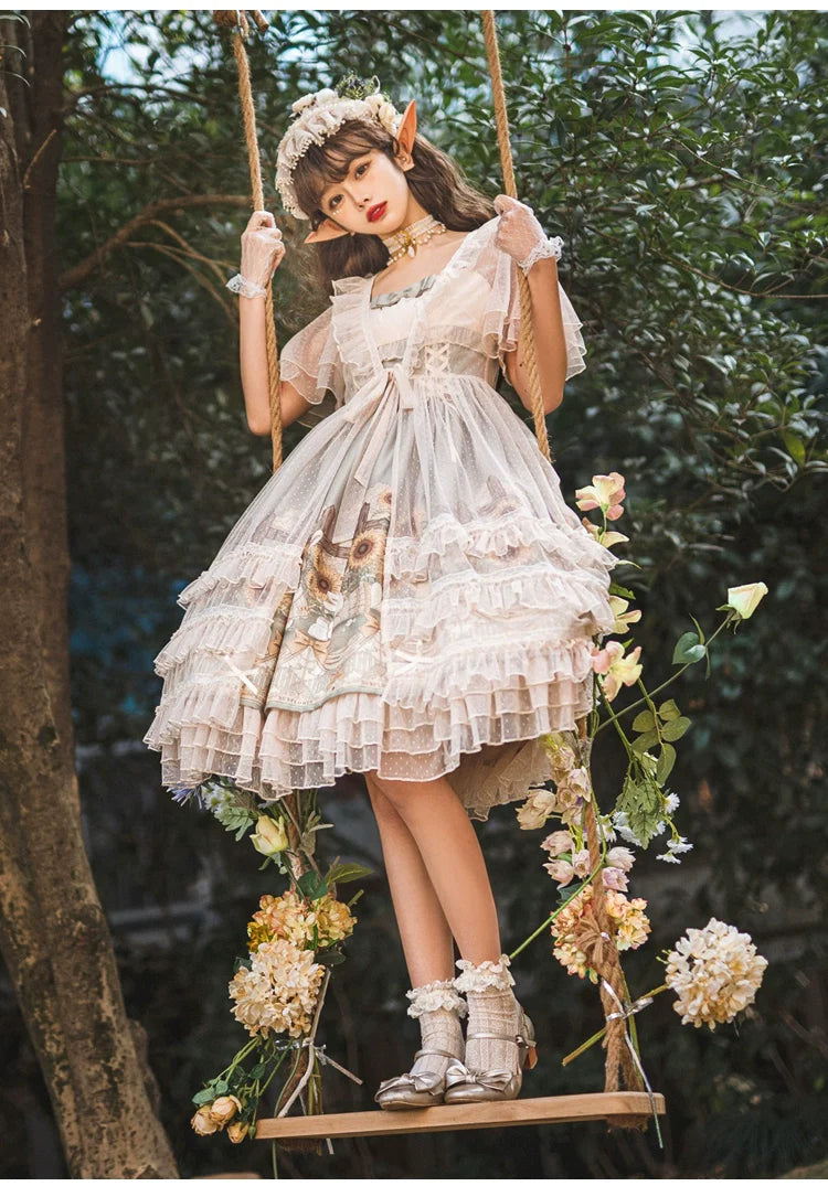 Vintage Floral Lolita Dress with Tulle Layers, Off - the - Shoulder Sleeves & Delicate Headpiece