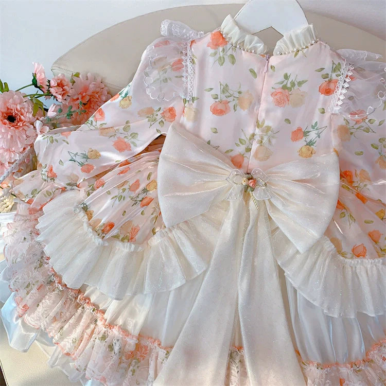 Charming Pastel Pink Lolita Dress for Girls - Floral Embellished, Multi-Layered Skirt, Perfect for Tea Parties and Special Occasions