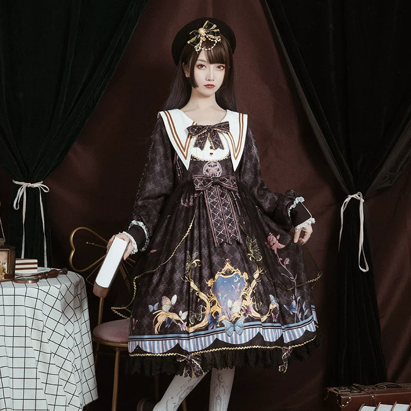 Lolita Tea Party Dress! Navy Collar Embroidered Bow Floral Jacquard Puffy Long Sleeve OP Dress