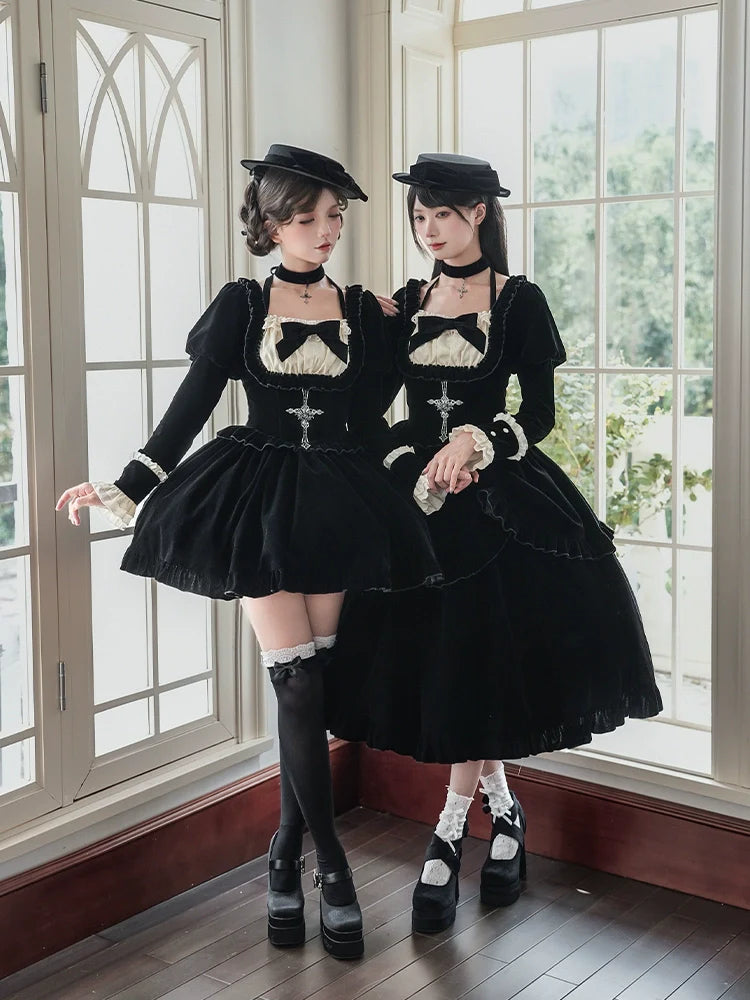 Square Neck Waist Boned Velvet OP Lolita (Gemini Winter Collection)