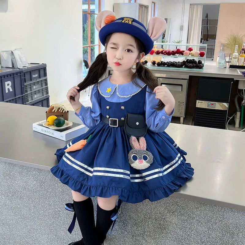 Rabbit Police Officer Lolita Dress for Girls - Navy Blue Whimsical Princess Costume