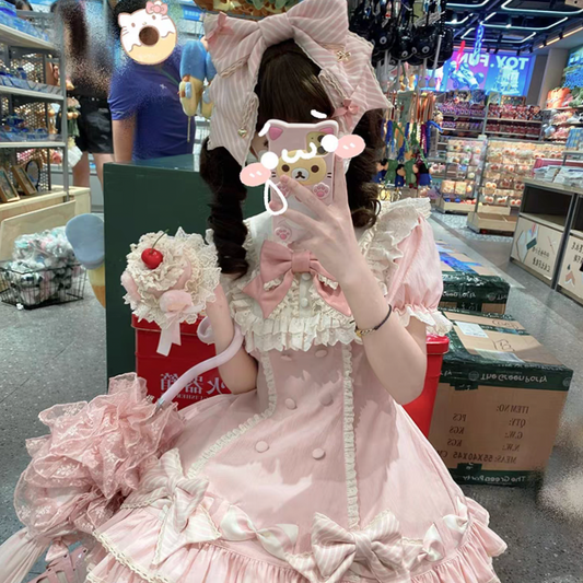Vintage-Inspired Pink Tiered OP Lolita Dress with Striped Bows