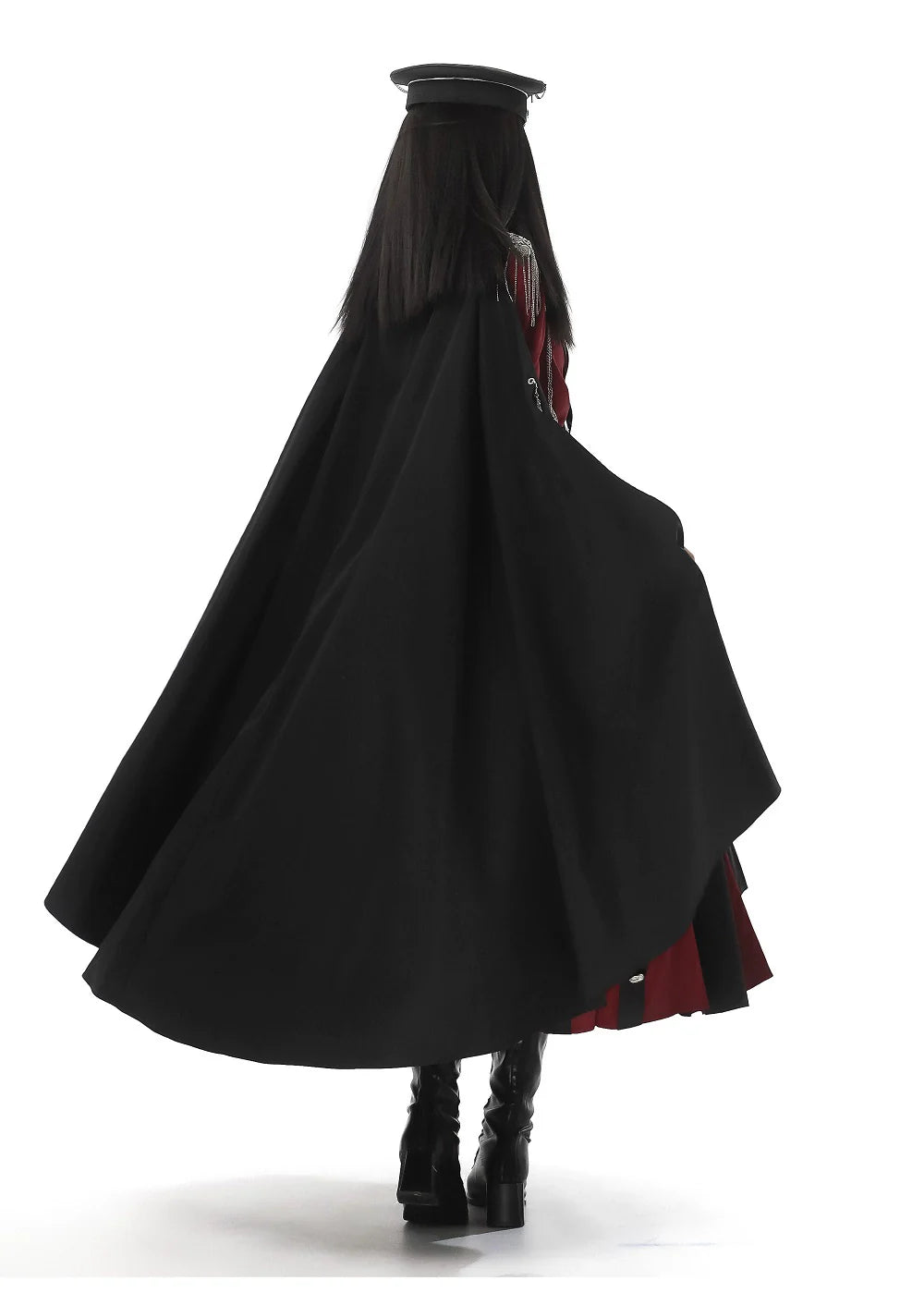 Gothic - style Long Cloak - holding Design, Embellished with Intricate Silver Patterns and Elegant Hat
