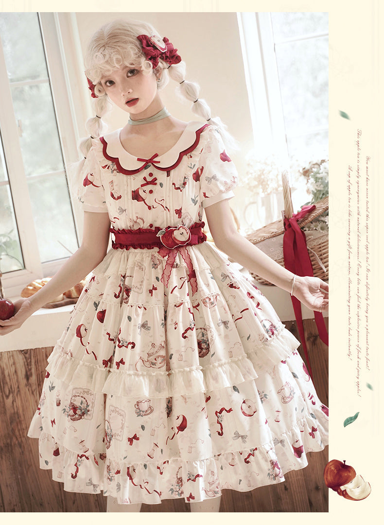 Vintage Whimsy Lolita OP - Cream Floral Pattern with Red Accents