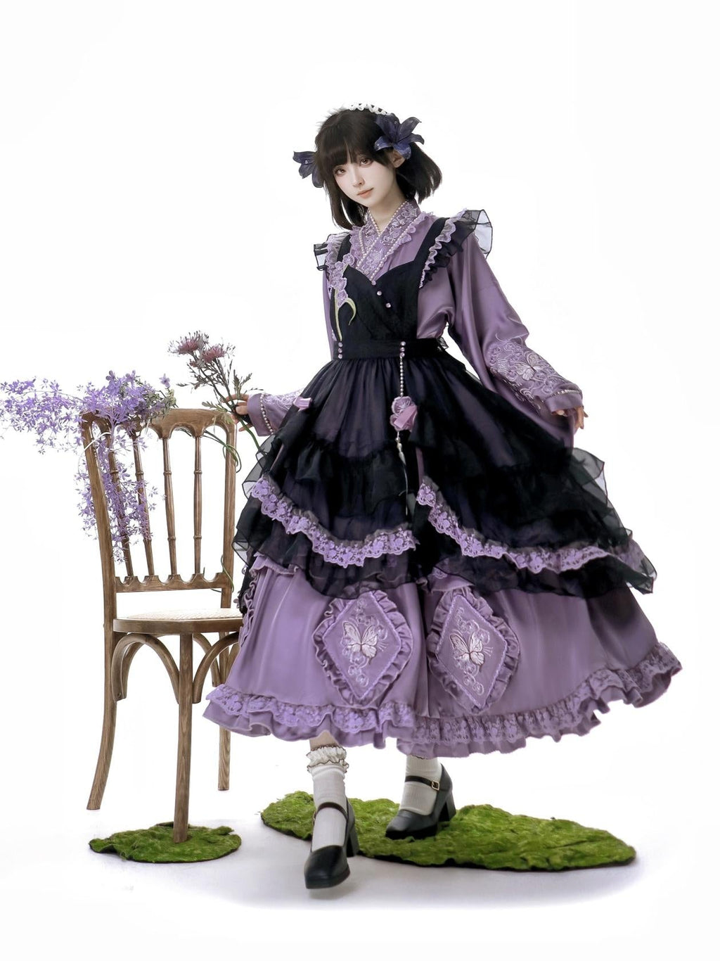 Elegant Purple and Black Lolita Dress with Detachable Apron and Intricate Lace Details