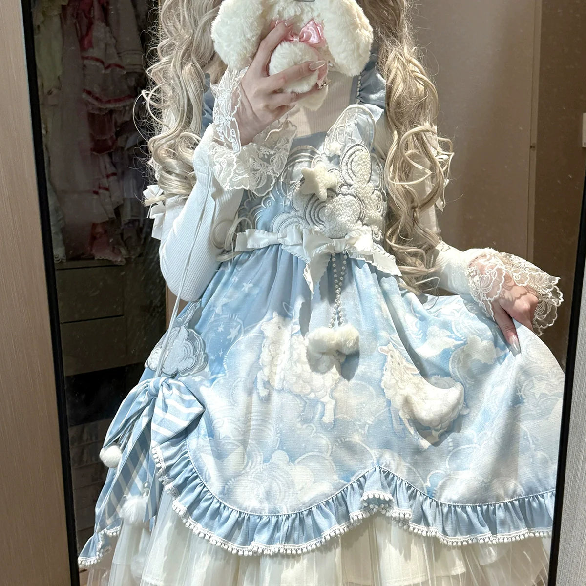 Lolita Dress with Fluffy Ears Headband - Sweet Pastel Blue and White Princess - Style Cosplay Costume