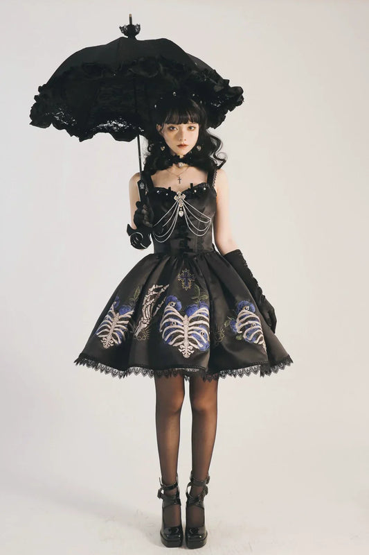 S-XL Skeleton Fishbone Skirt JSK Embroidered Beaded Dark Mysterious Dress Lolita Gown