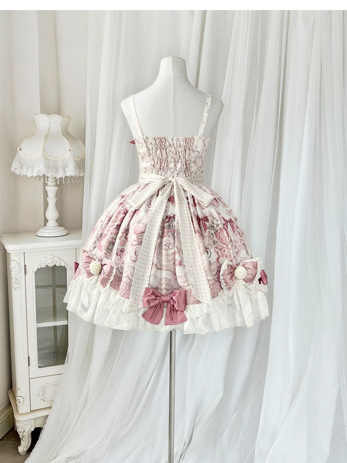 Lolita Capelette Dress Set with Bow - detail and Lace Trim, Pastel Pink and White Color Scheme