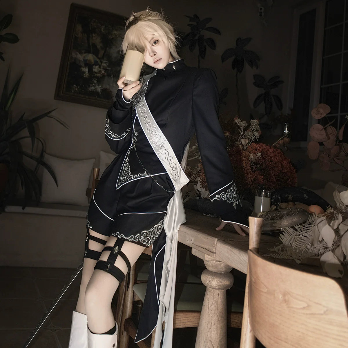 Vintage Dark Gothic Prince-style Suit with Suspenders and Shorts — Dashing and Handsome