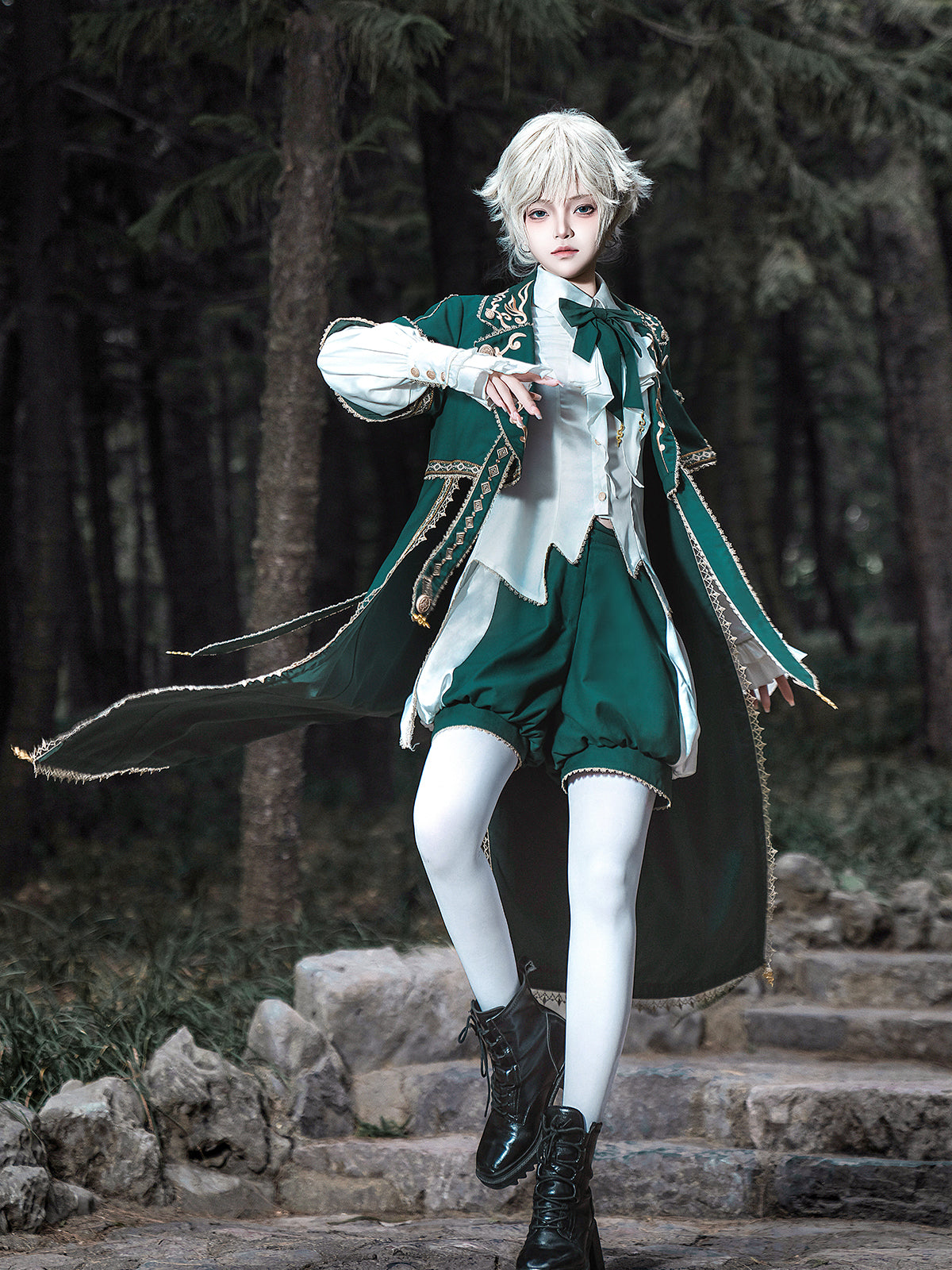 Elegant Dark Green Lolita Prince Set with Gold Embroidery - Versatile Themed Outfit