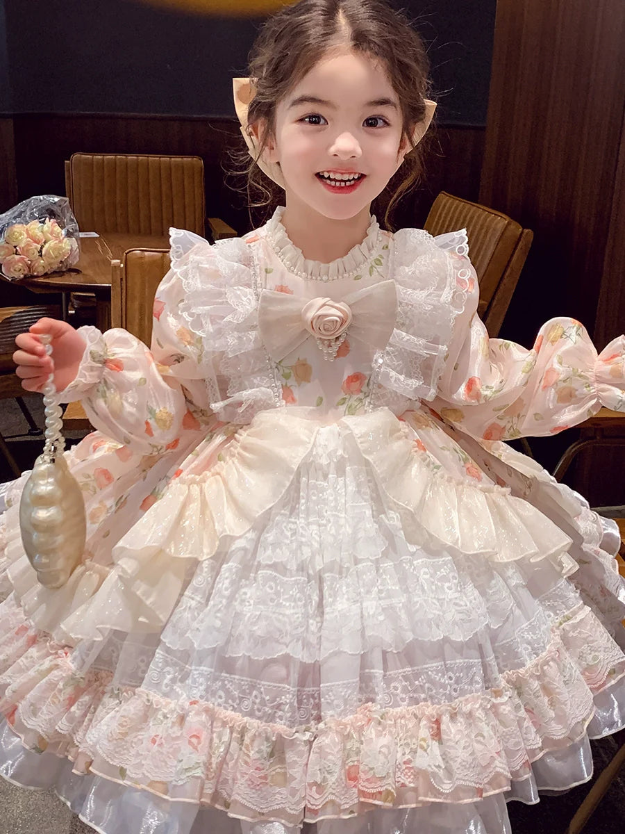 Charming Pastel Pink Lolita Dress for Girls - Floral Embellished, Multi-Layered Skirt, Perfect for Tea Parties and Special Occasions