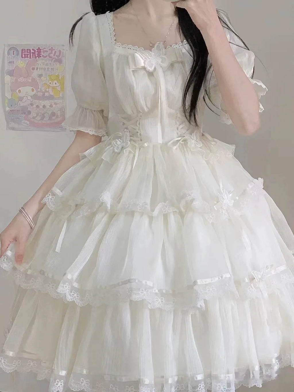 S-2XL Elegant Creamy White Lolita Dress with Lace and Ruffles - Perfect for Summer Outings and Garden Parties