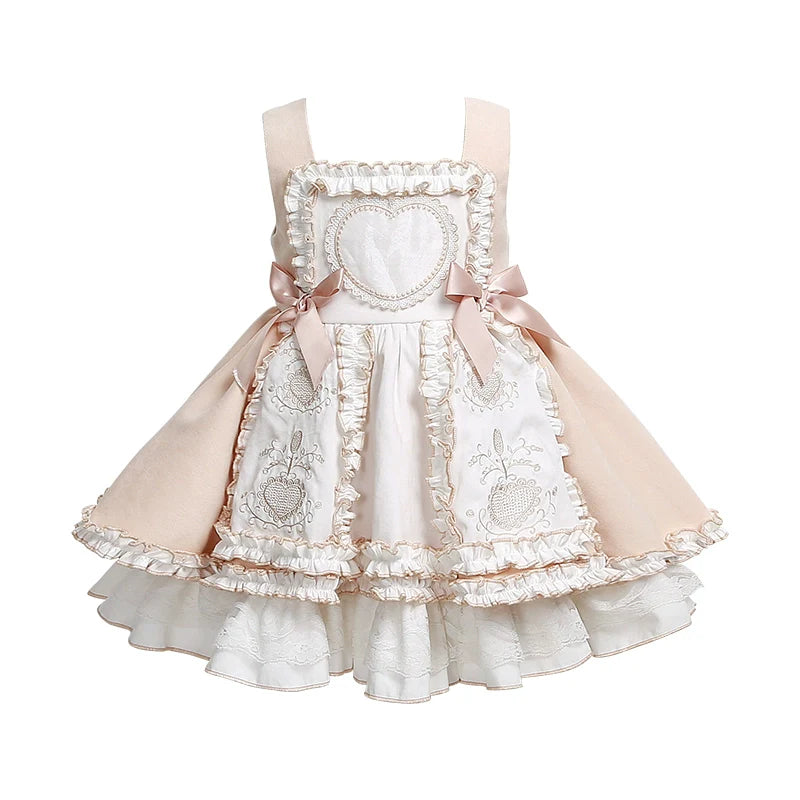 Enchanted Pastel Girls' Lolita Dress with Heart Embroidery and Ruffled Skirt