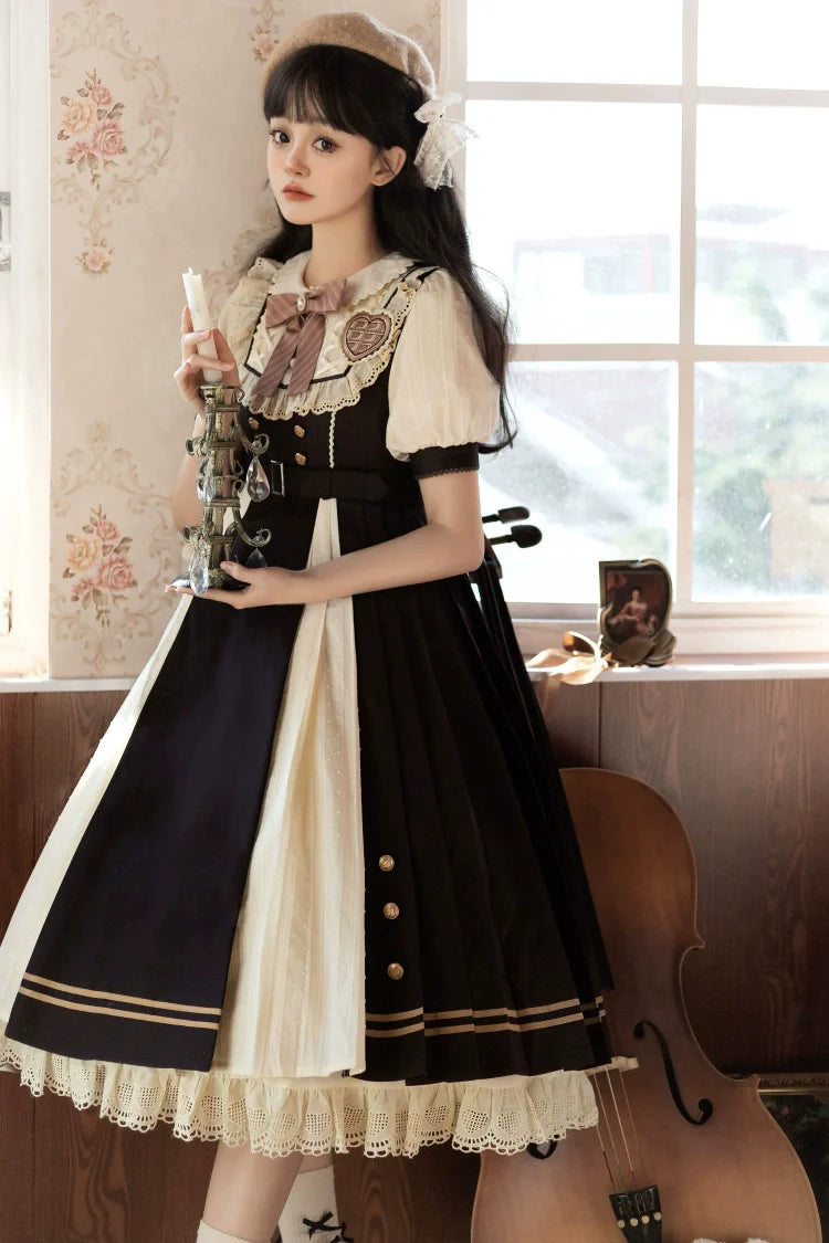 Cocoa Charm Lolita Dress - Elegant Short Sleeve OP with Striped Bow and Teddy Accent