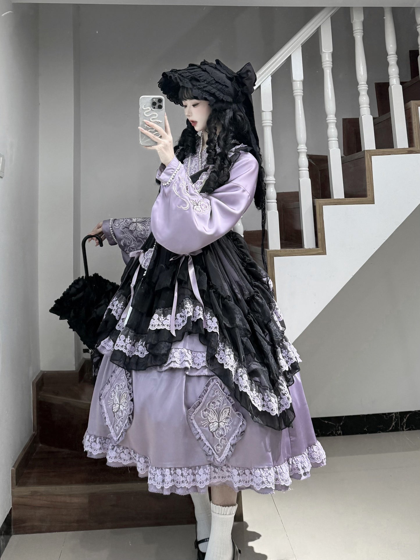 Elegant Purple and Black Lolita Dress with Detachable Apron and Intricate Lace Details