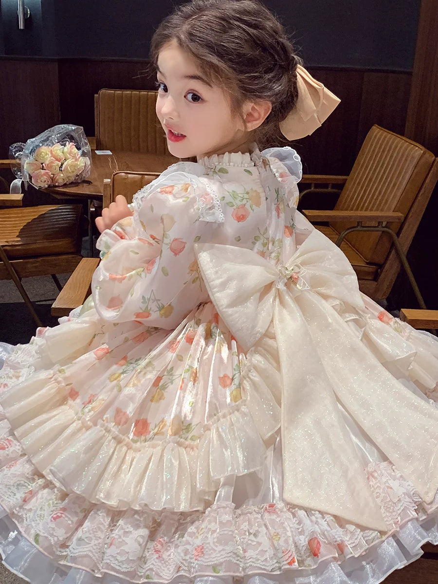 Charming Pastel Pink Lolita Dress for Girls - Floral Embellished, Multi-Layered Skirt, Perfect for Tea Parties and Special Occasions