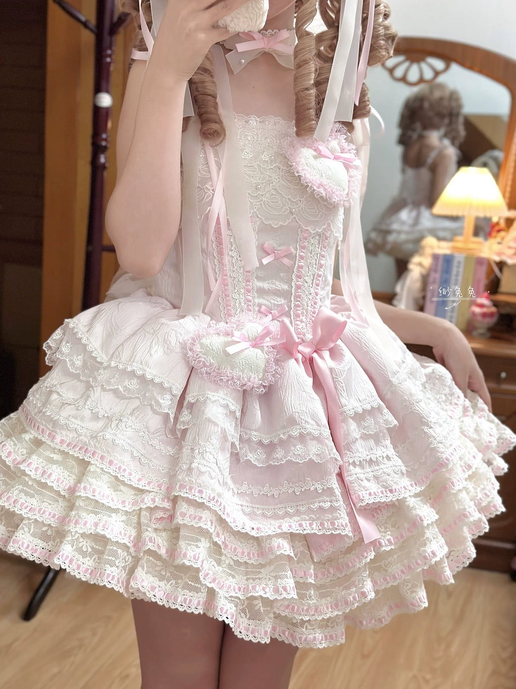 Whimsical Pastel Lolita Dress with Embroidered Animal Motifs and Ruffled Skirt