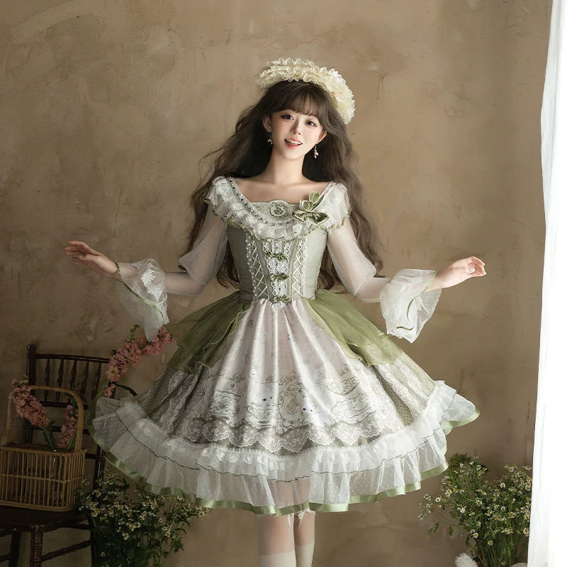 Sweet Lolita Dress - Light Green Layered Tulle Skirt with Lace & Embroidery