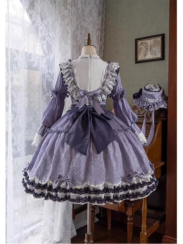 Elegant Lavender Lolita OP Dress with Lace and Ruffled Trims - Versatile and Whimsical Vintage-Inspired Fashion