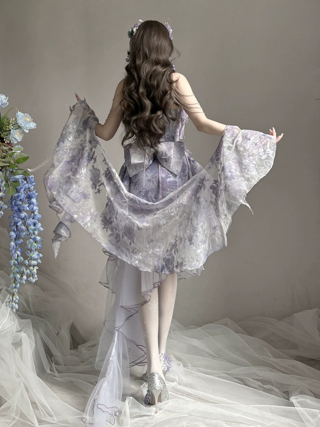 Dreamy Lavender Lolita Gown with Floral Embellishments, Layered Tulle Skirt