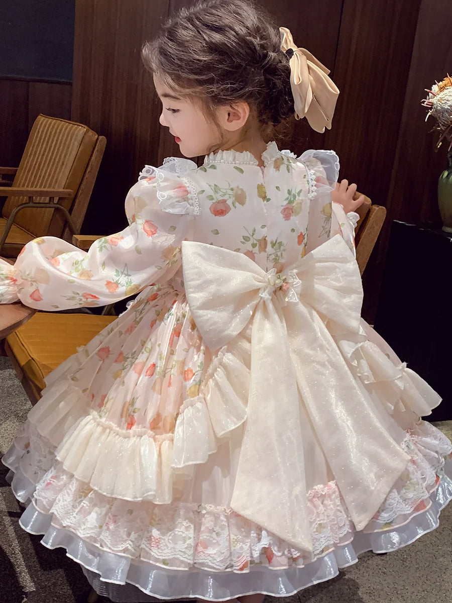 Charming Pastel Pink Lolita Dress for Girls - Floral Embellished, Multi-Layered Skirt, Perfect for Tea Parties and Special Occasions