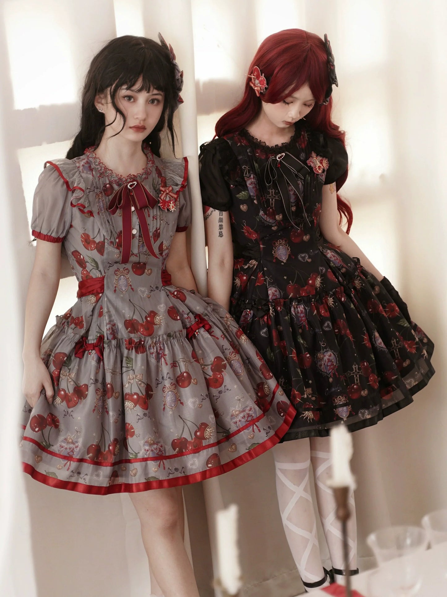 S-2XL Cherry Blossom Delight Lolita Dress – Sweet Vintage Print JSK/OP in Black, Red, Gray & White
