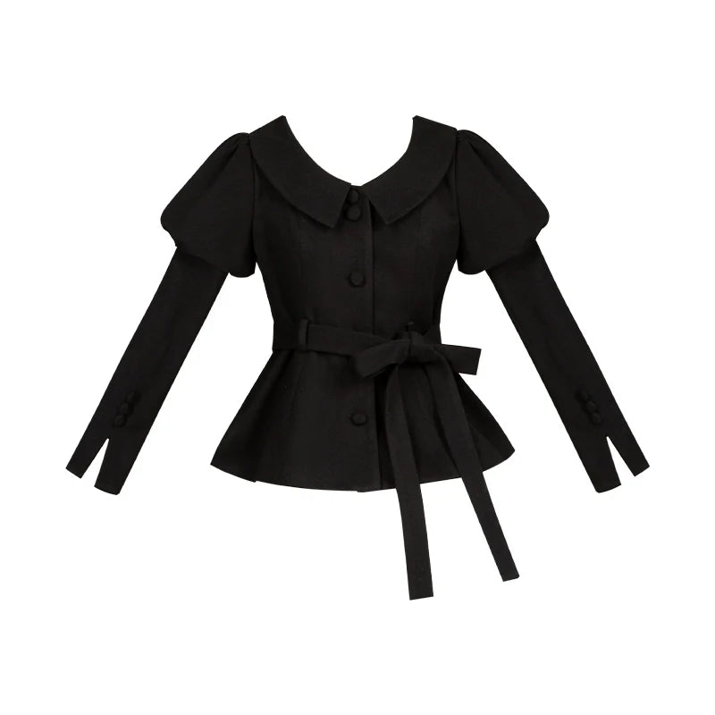 Black & Cream Whimsical Lolita Dress – Adjustable Bows, Embroidered Apron & Multi-Tiered Lace Skirt